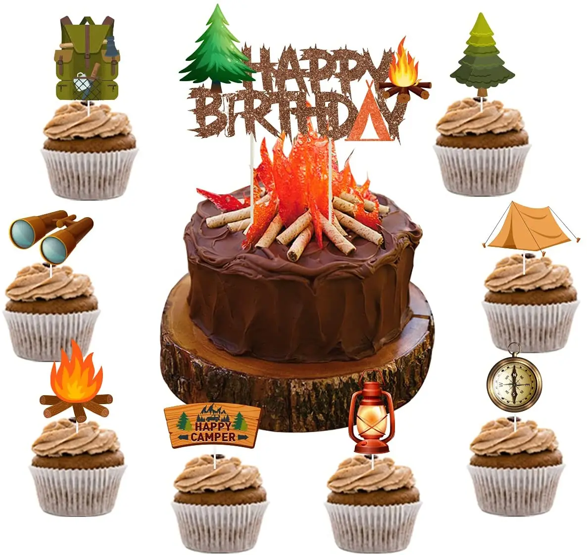 

JOYMEMO Camping Themed Happy Birthday Cake Topper 24pcs Happy Camper Cupcake Picks Topper for Camping Birthday Party Decorations