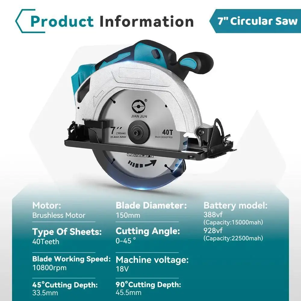 7 Inch Brushless Circular Saw W/ 3PCS 180mm Blades Multi-Angle 0-45° Cutting Electric Saw Woodworking Power Tool For Makita 18V