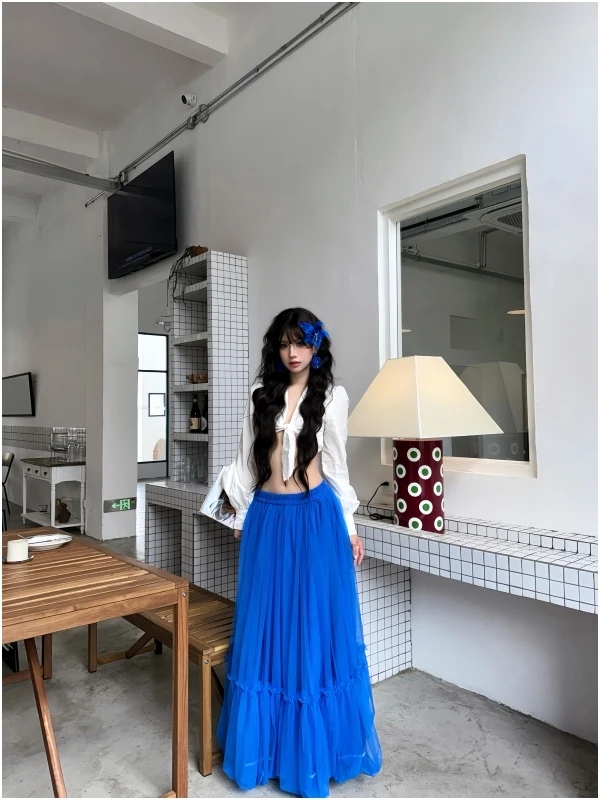 

Elegant Vacation Style Shirt Tie Long Sleeve Top Blue Lace Fluffy Skirt Sexy Set Women's Fashion Summer Outfit High Waist