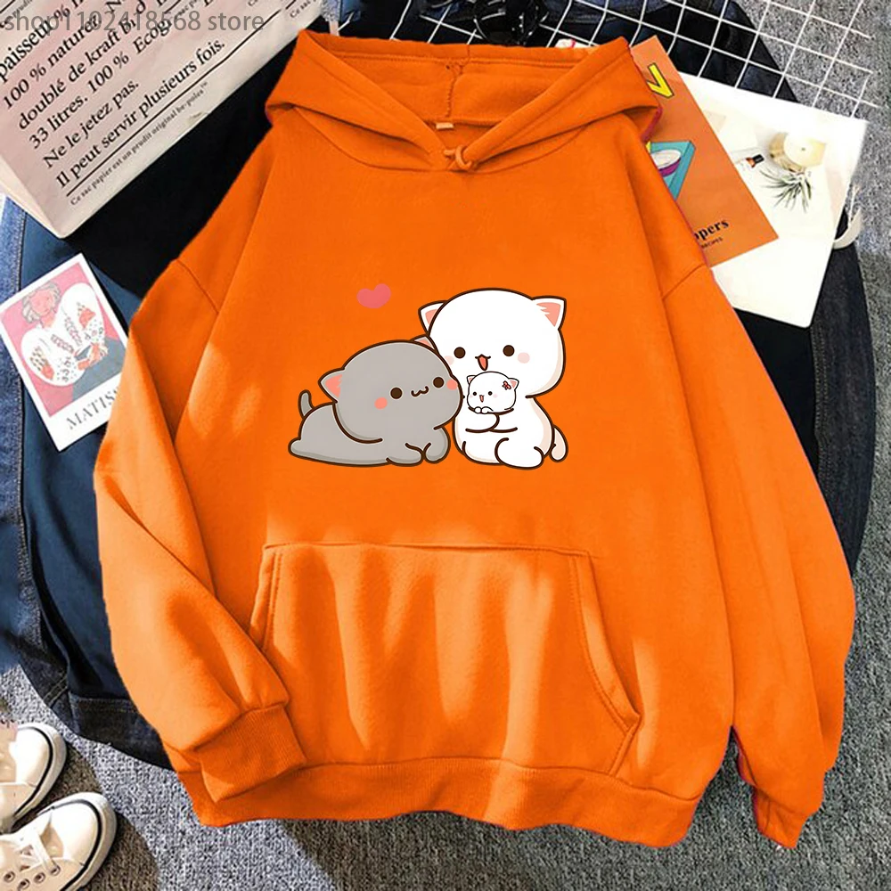 Women Peach Cat Hoodies Funny Mochi Plus Size Sweatshirt Harajuku Kawaii Cartoon Female Long Sleeve Streetwear Clothes Tops