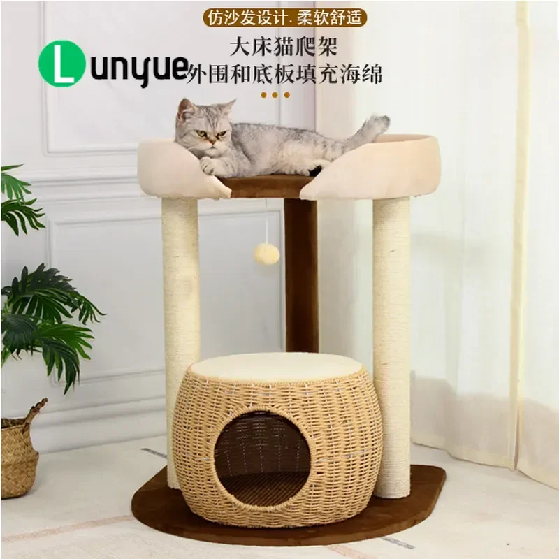 Rattan Woven Cat Tree with Scratching Post Integrated Cat Bed Large Climbing Frame Anti Scratch Furniture for Indoor Cats All