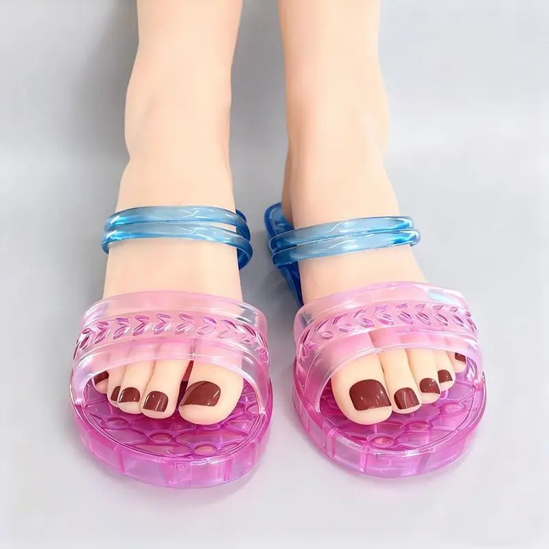 Fashion Jelly Flat Slides for Women Transparent Double Strap Open Toe Sandals Casual Lightweight Summer Beach Home Shower Shoes