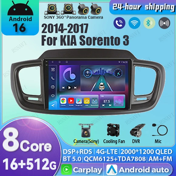 Android 16 Navigation Multimedia GPS Player Carplay Car Radio For Kia Sorento 3 2014 - 2017 Stereo WiFi+4G video BT 360 Camera