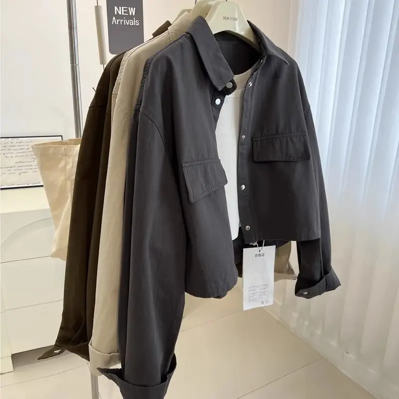 

Spring Women's Cropped Shirt Coat Jackets Bomber Lapel Streetwear Pockets Oversized Coats Aviator Spliced Casual Cargo Outerwear