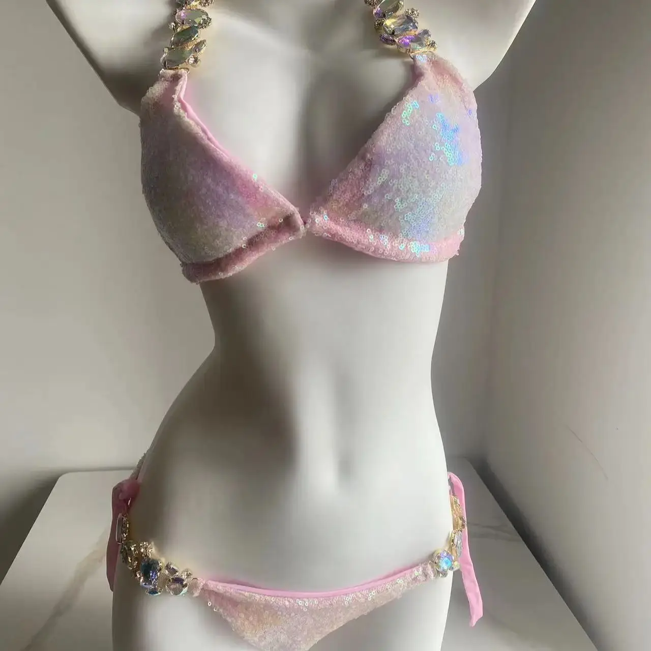 Conjunto biquíni glitter strass lantejoulas, maiô rosa para senhoras, biquíni diamante, swimwear sexy, maiôs correias, moda verão