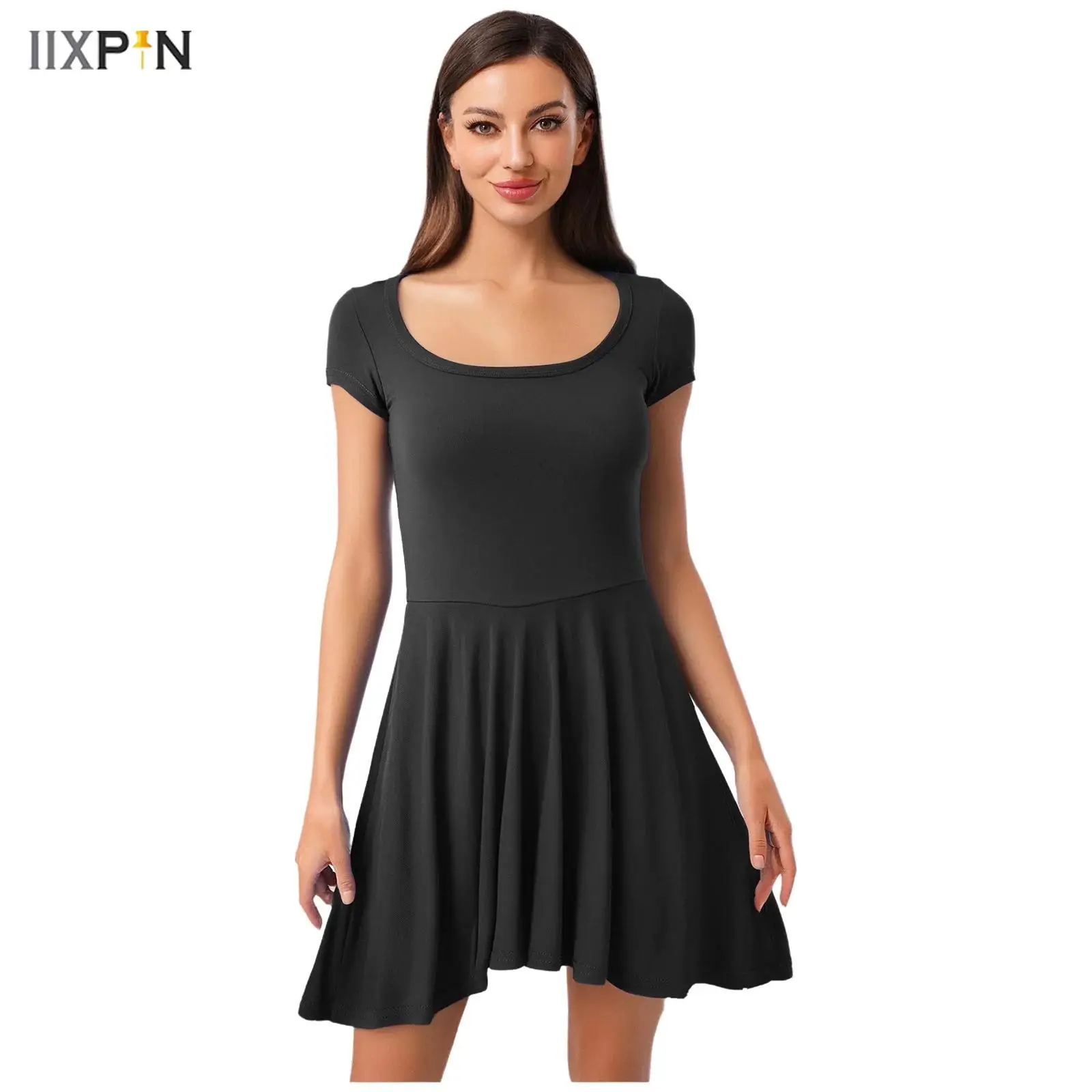 

Summer Women‘s Dresses Versatile Mini Dress U Neck Short Sleeve Pleated Hem Solid Color Dress for Vacation Shopping Tennis Date
