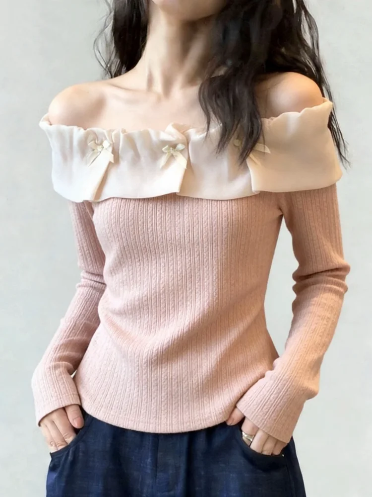 

Spring Faion Women's One-oulder Long-Sve T-irt Beautiful Design Sense Exposure oulder Top Korean Sle Commute