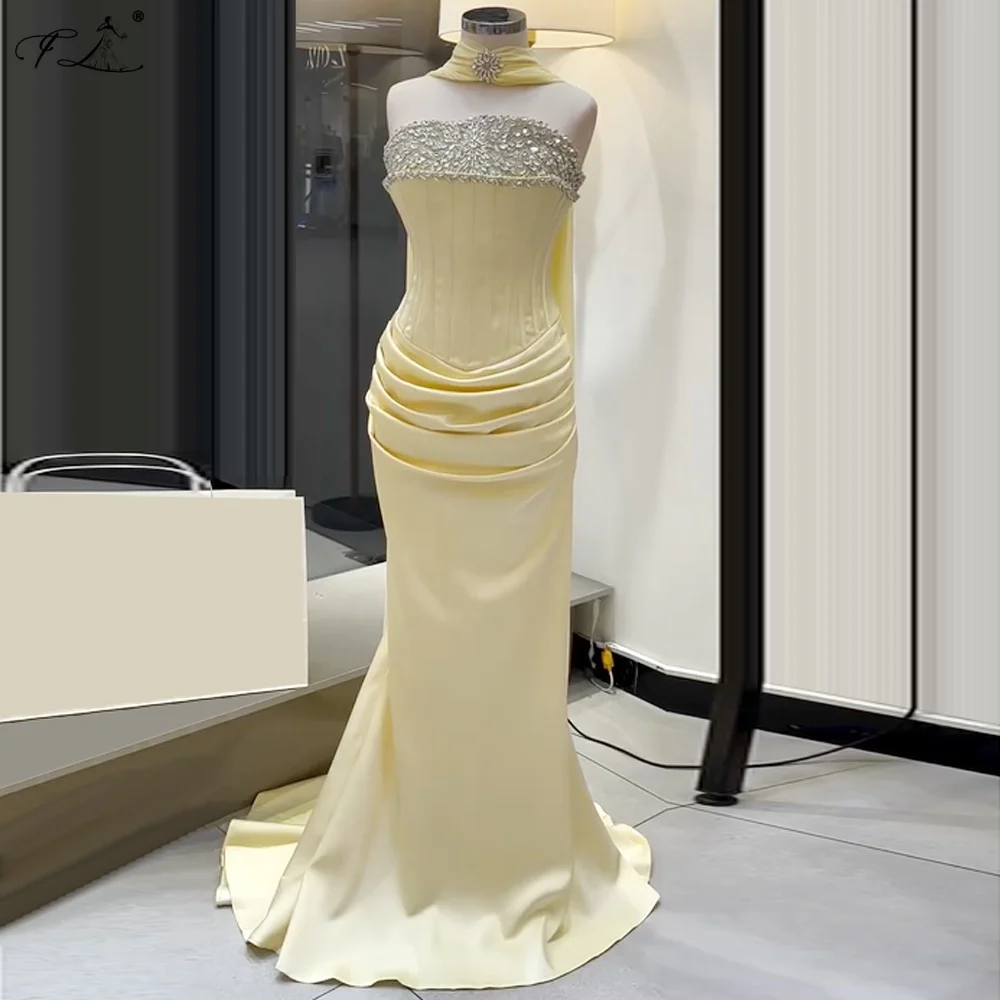 Exquisite Pale Yellow Crystal Party Dress With Shawl Pleated Mermaid Dress Dubai Style Formal Dresses Customization Available TJ