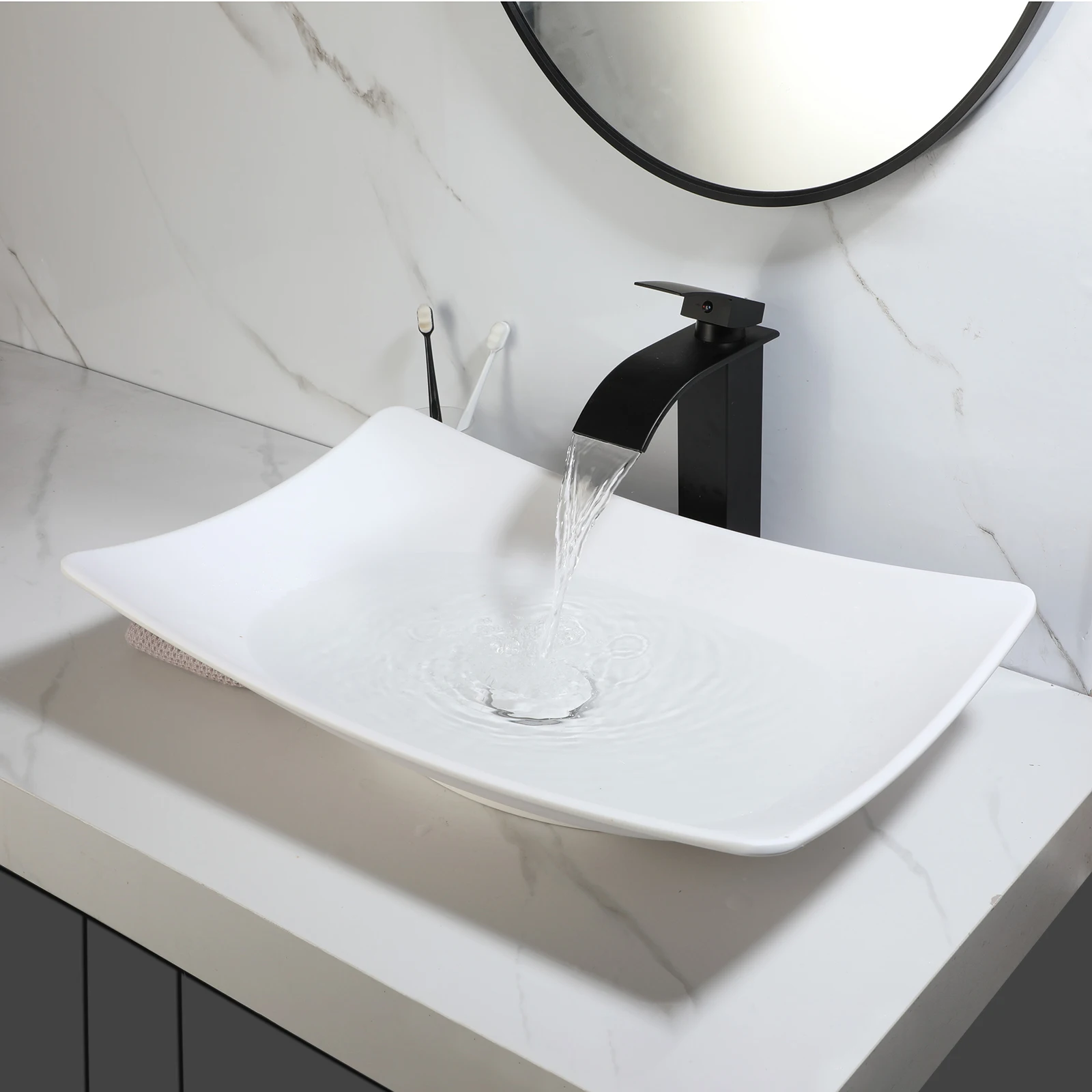 Torayvino Bathroom Basin Sink Set with Matte Black Faucet Pop Up Drain Hot and Cold Waterfall Mode Mixer Faucets Sink Taps