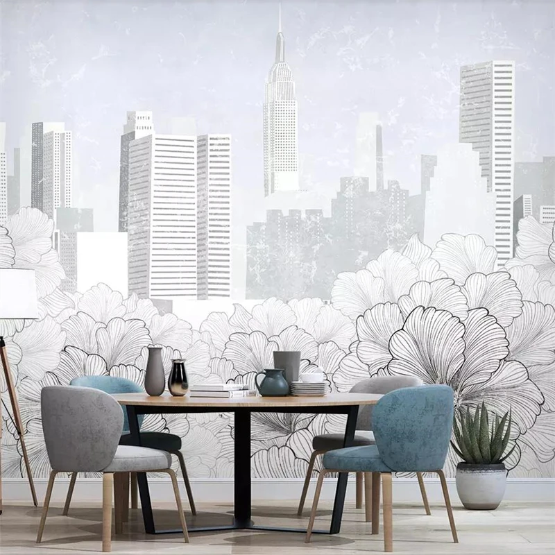 Customized products Modern minimalist line drawing flower city architecture hand-drawn TV background mural wallpaper bedroom 3d