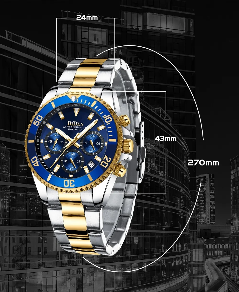 BIDEN high-end business men\'s watch six pin multifunctional luminous calendar waterproof stainless steel strap