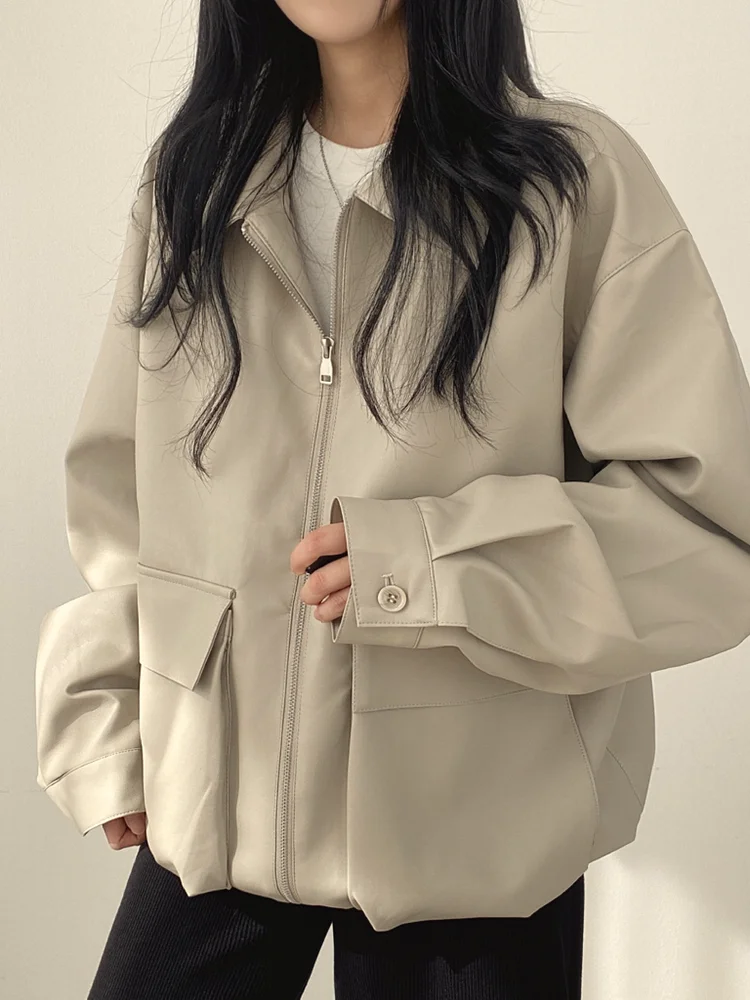 Ele Double ket Zipper Leather Jaet Women's Faion Versatile  Collar Autumn Coat Chic Commute Sle Long Sve