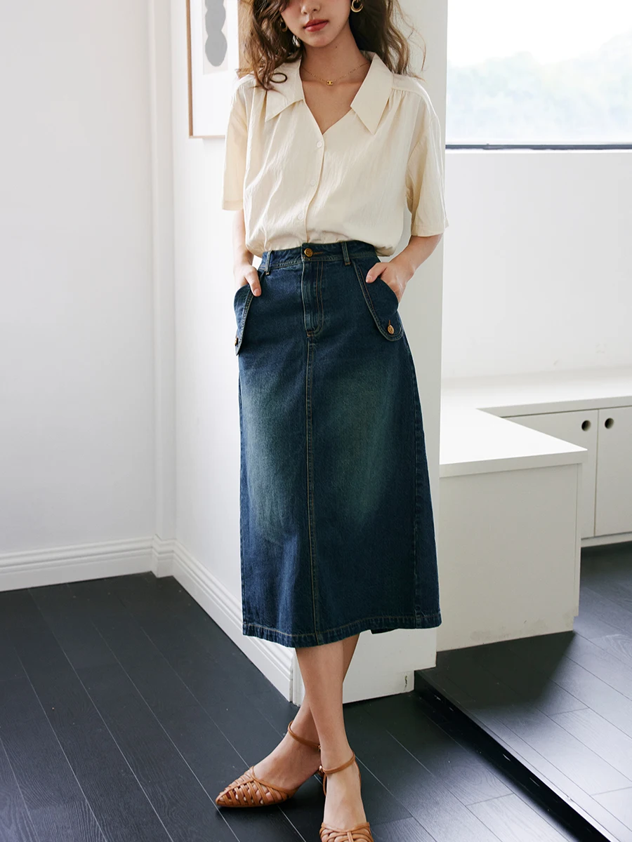 

Ретро джинсовая юбка миди с завышенной талией, женская, приталенная, А-силуэт, в корейском стиле, из чистого хлопка, весна-осень