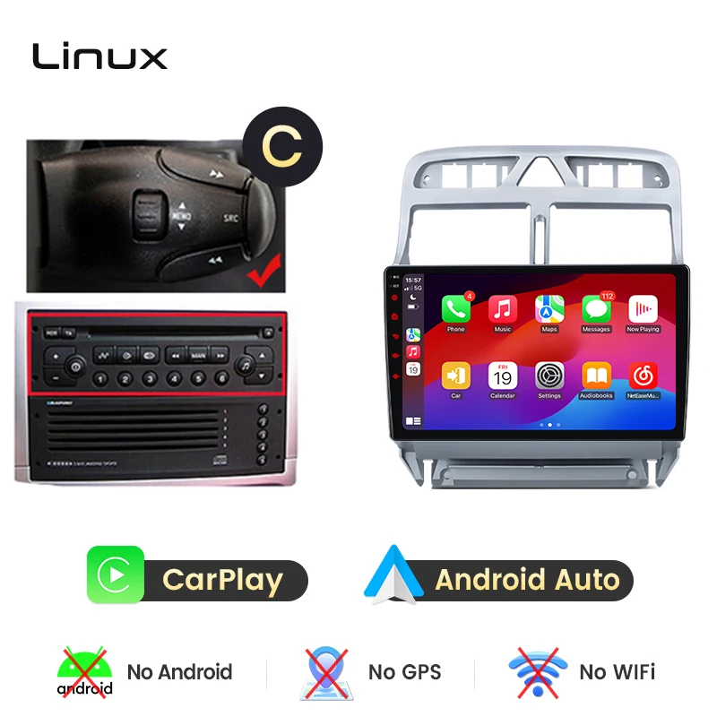 Junsun draadloze CarPlay Android Auto autoradio voor Peugeot 307 (Hatchback/SW/CC) 2001-2008 met ingebouwde koelventilator, Android GPS navigatie, multimediaspeler, WiFi, DSP, RDS, BT, SWC, IPS