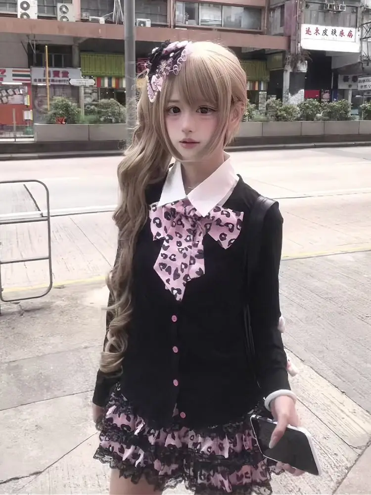 

Женский топ с длинными рукавами в японском стиле Kawaii + готические винтажные юбки-клеи Y2k, весна-осень 2021, новые комплекты из двух предметов