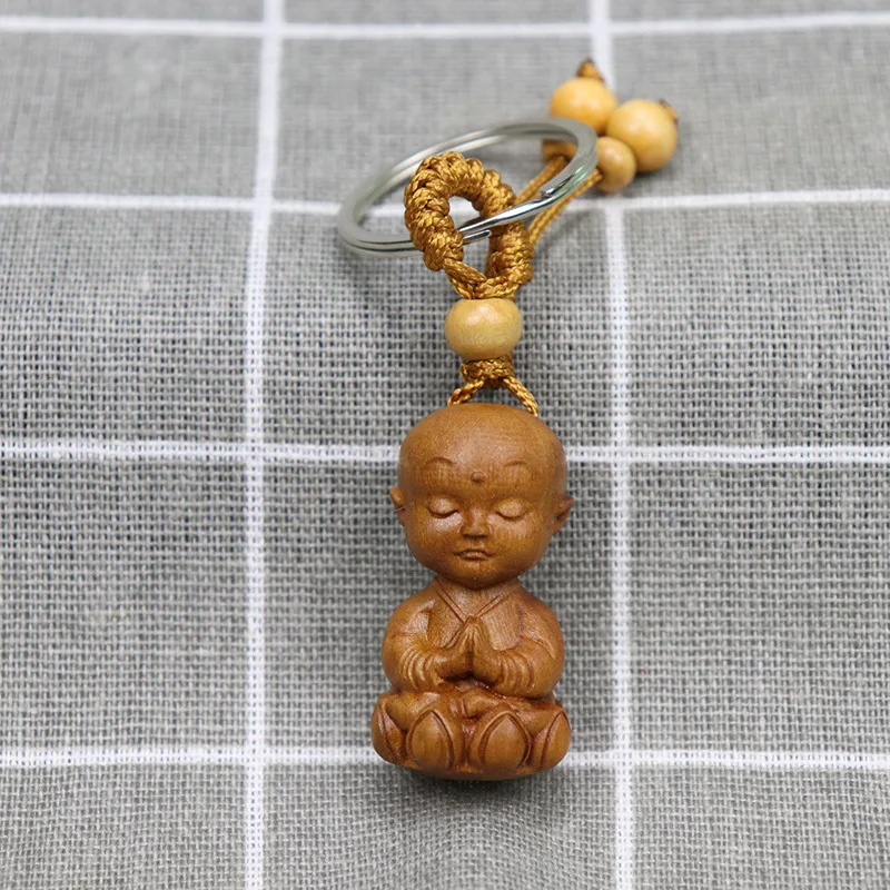 Peach Wood Buddha Shakyamuni Key Chain Guanyin Bodhisattva Wooden Keychain Tathagata Buddhist Monk Tourist Keyring Pendant Gift