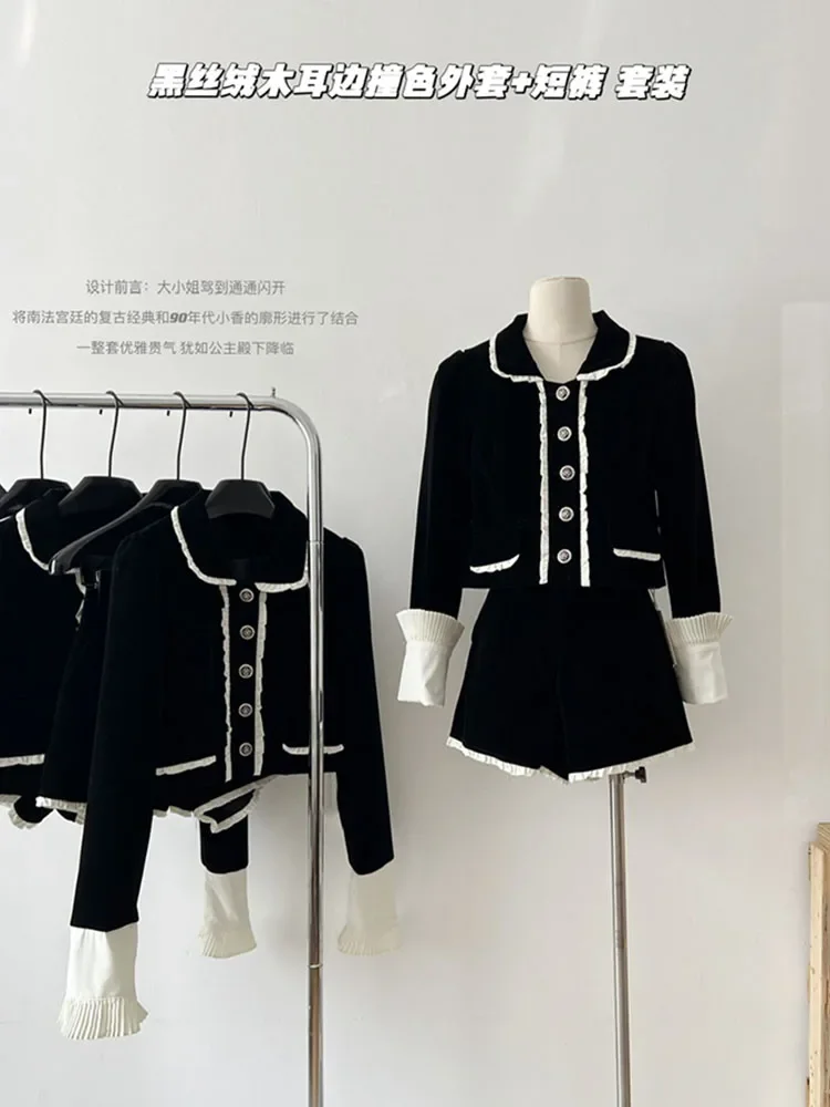 Formal Occasion Outfits 2 Piece Shorts Sets Peter Pan Collar Luxury Cardigans Fashion + Office Lady Black Hot Pants Cozy Gothic