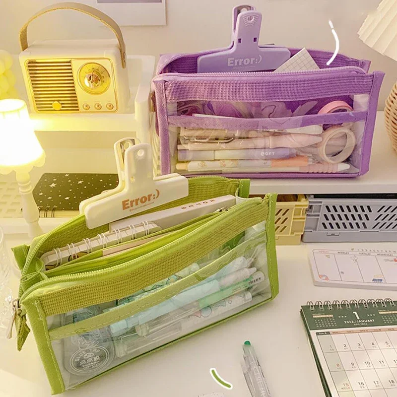 6 Layers Pencil Case Large Capacity Pencil Bag Kawaii Transparent Zipper Bag Portable Storage Pouch School Office Supplies