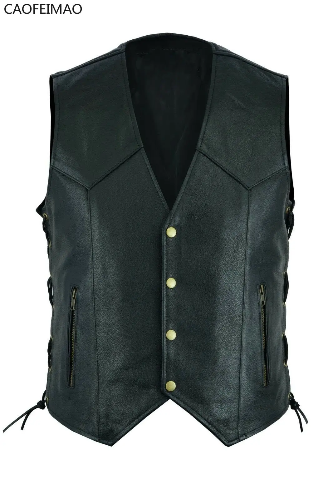 Caofeimao 2023 Men Fashion Casual Solid Vest Motorcycle Fleet Punk Leather Vest Coat Vest Leather Vest V-neck Single Breasted