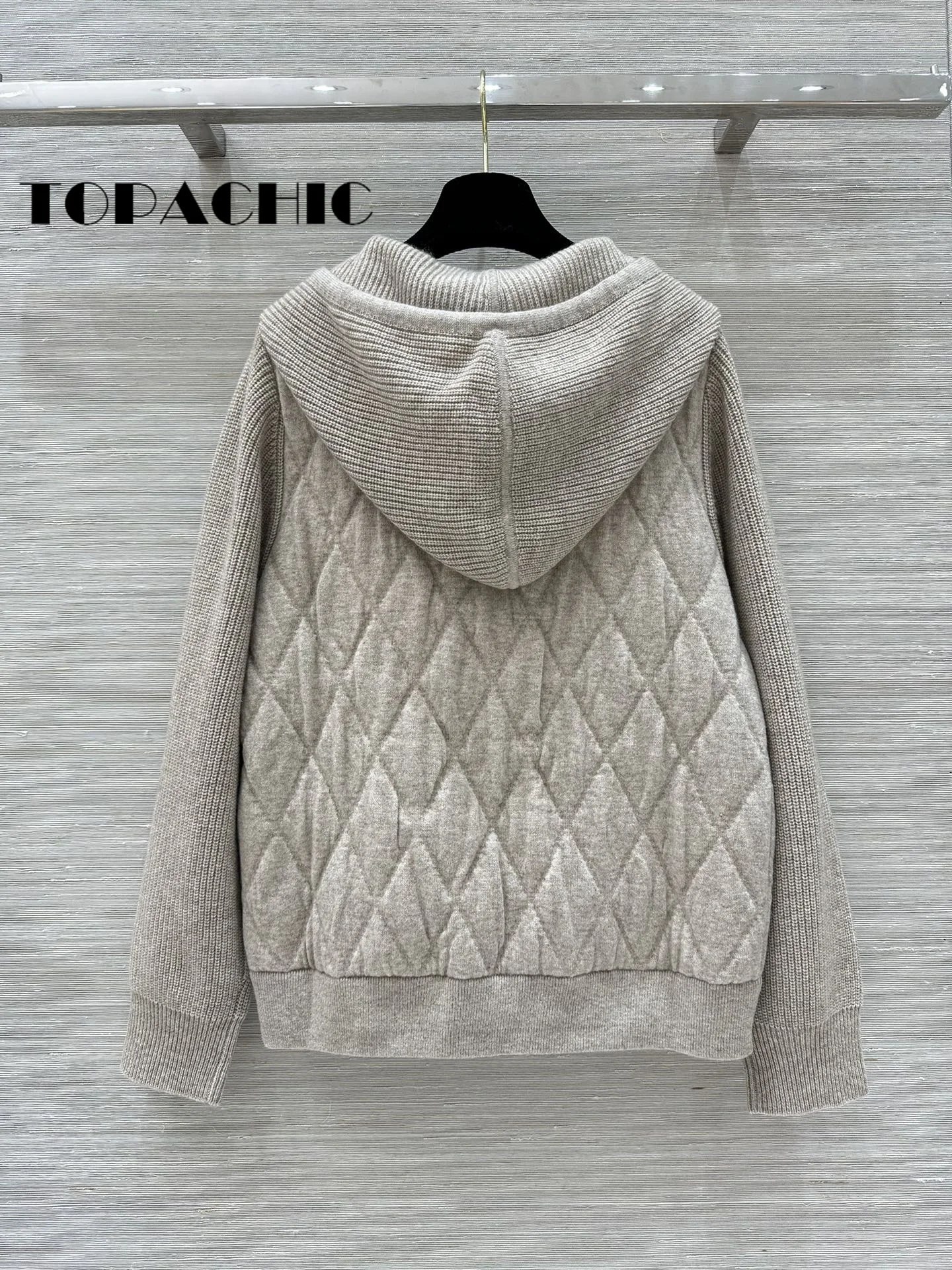 8.22 TOPACHIC Women Quilted Argyle Plaid Cashmere Hooded Jacket Fashion Casual Lace-up Long Sleeve Double Zipper Loose Outerwear