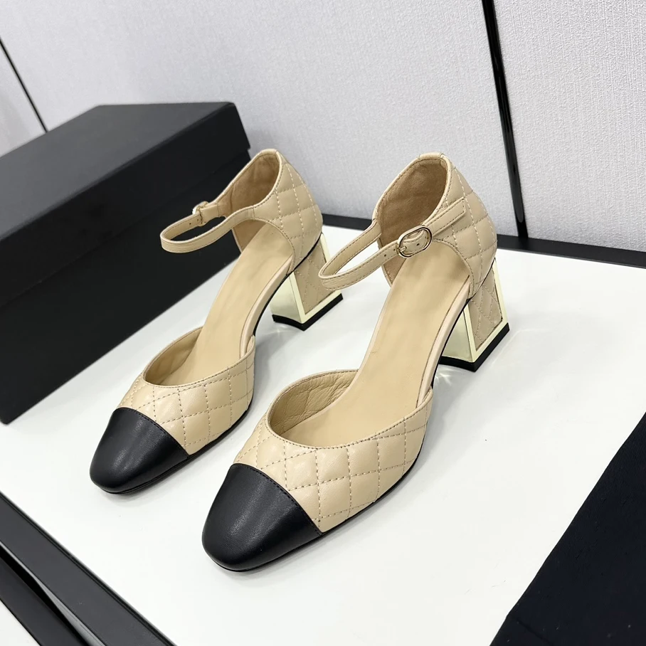 

2024 Baotou Comfortable Sandals Summer One Word Buckle Thick Heels High Heels Genuine Leather High-heeled Shoes Mary Jane Pumps