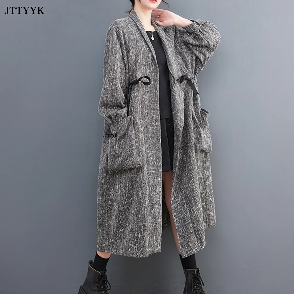 

Vintage Women's Windbreaker Long Sleeves Lapel Trench Coat Loose High Waist Big Pocket Outerwear 2023 Spring Oversized Clothes
