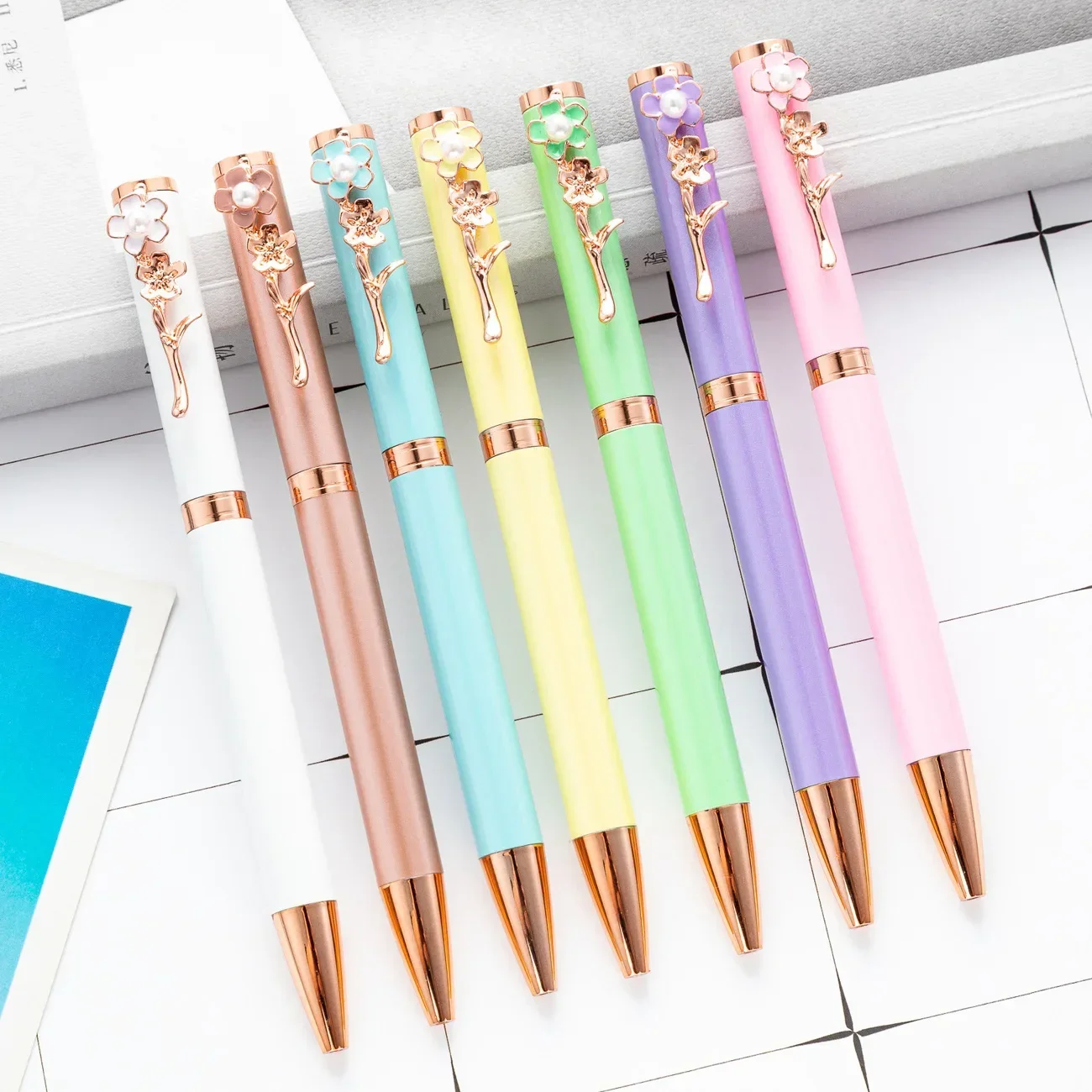 30PCS New Colorful Flower  Clip Pearl Ball  Creative Fashion Multi Color Gift Advertising  Metal Pen