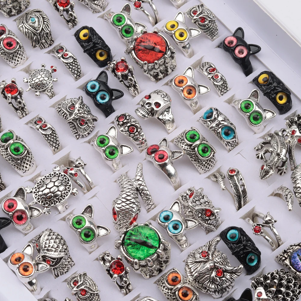 20Pcs/Lot Vintage Punk Snake Dragon Animal/Skull/Owl Eye Adjustable Rings for Men and Woman Mixed Open Hip Hop Gothic Party Gift