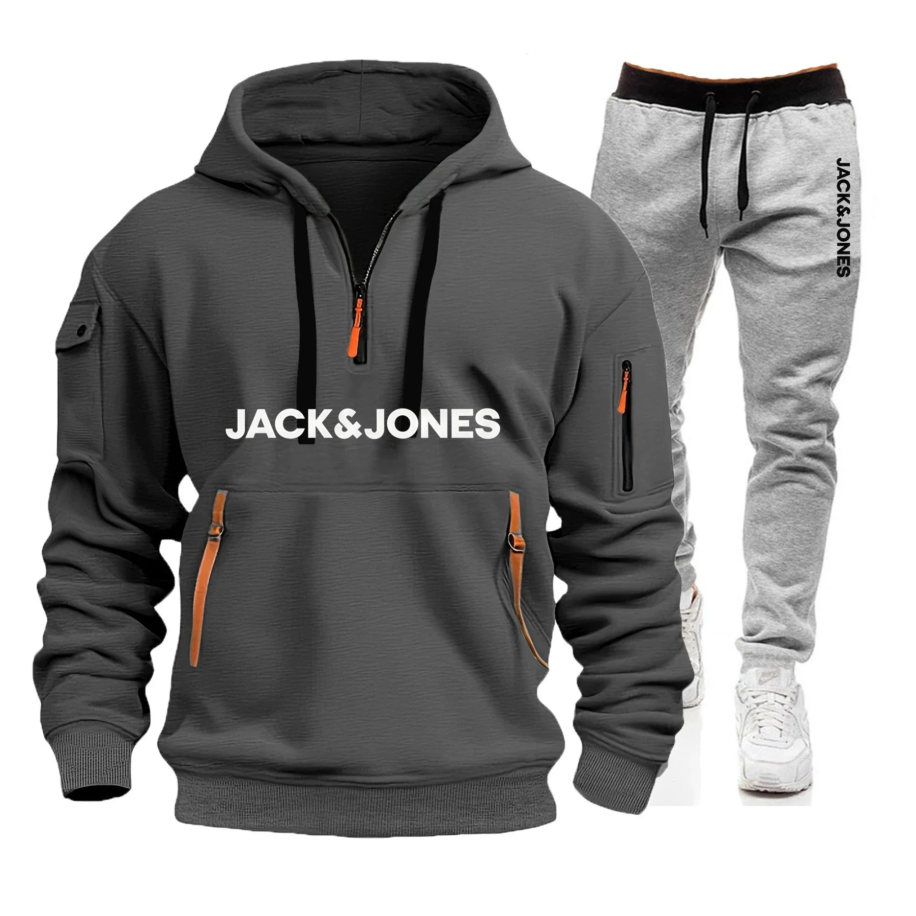 طقم ملابس رياضية للركض غير رسمية للخريف والشتاء للرجال مع غطاء رأس بسحاب، بلوفر متعدد الجيوب وسراويل حرارية #6