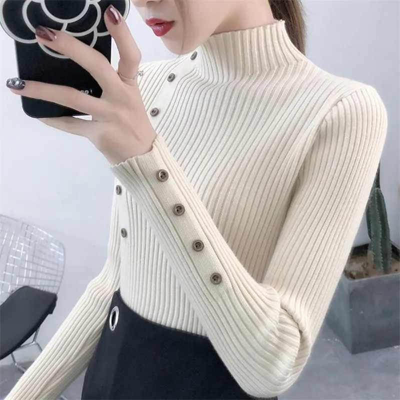 2023 mulheres outono malha magro blusas sólido malha feminina algodão macio elástico cor pullovers botão gola alta manga cheia