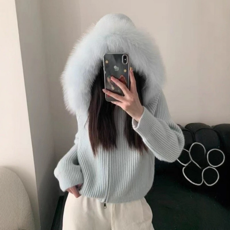 

Detachable Hooded Large Wool Collar Knitted Cardigan for Spring Autumn New Style Design Women's Soft and Sticky Sweater Top