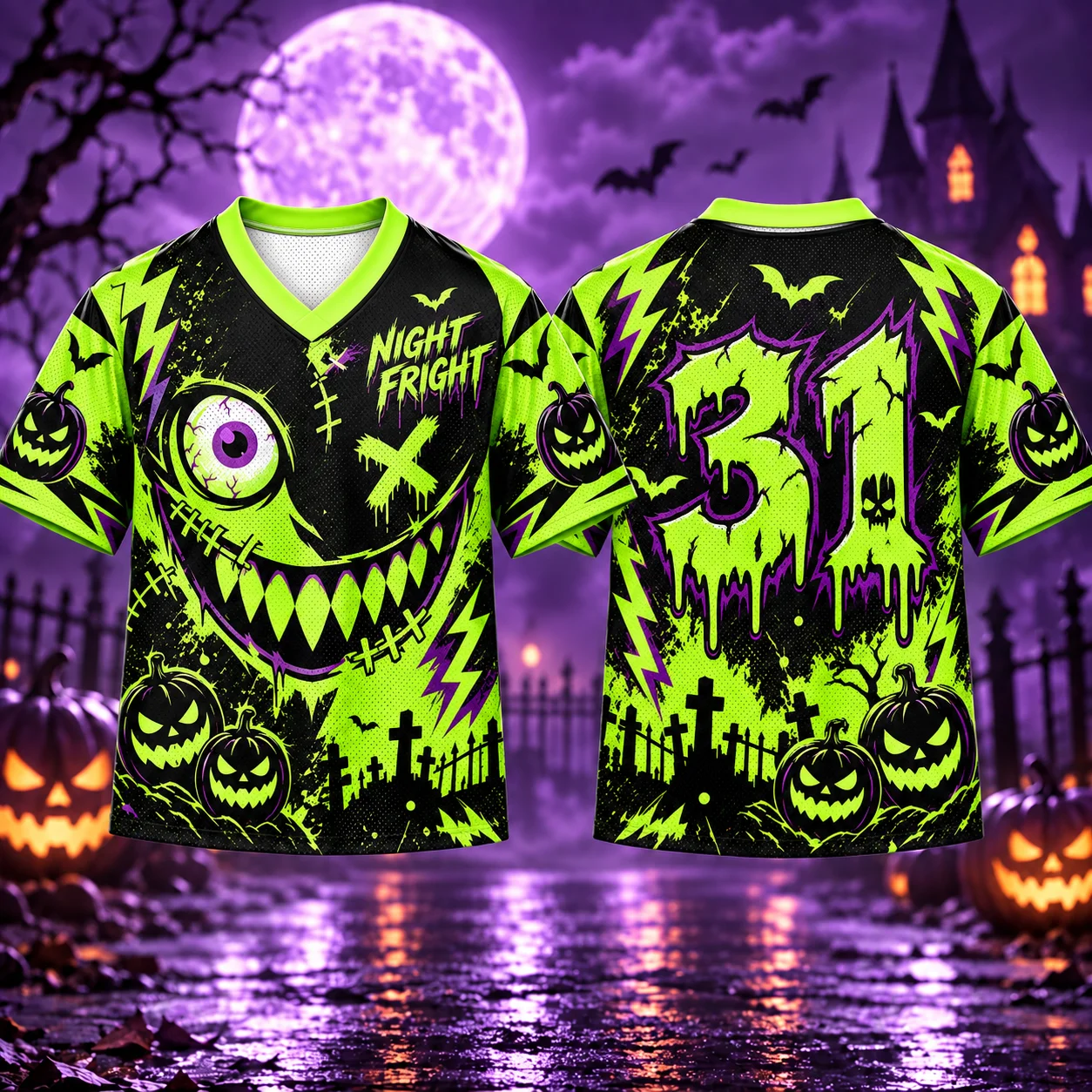 Night Fright Halloween Oversized Mesh Jersey, Spooky Monster Face Stitch Pumpkin Bat Print V‑Neck Short Sleeve Streetwear Top