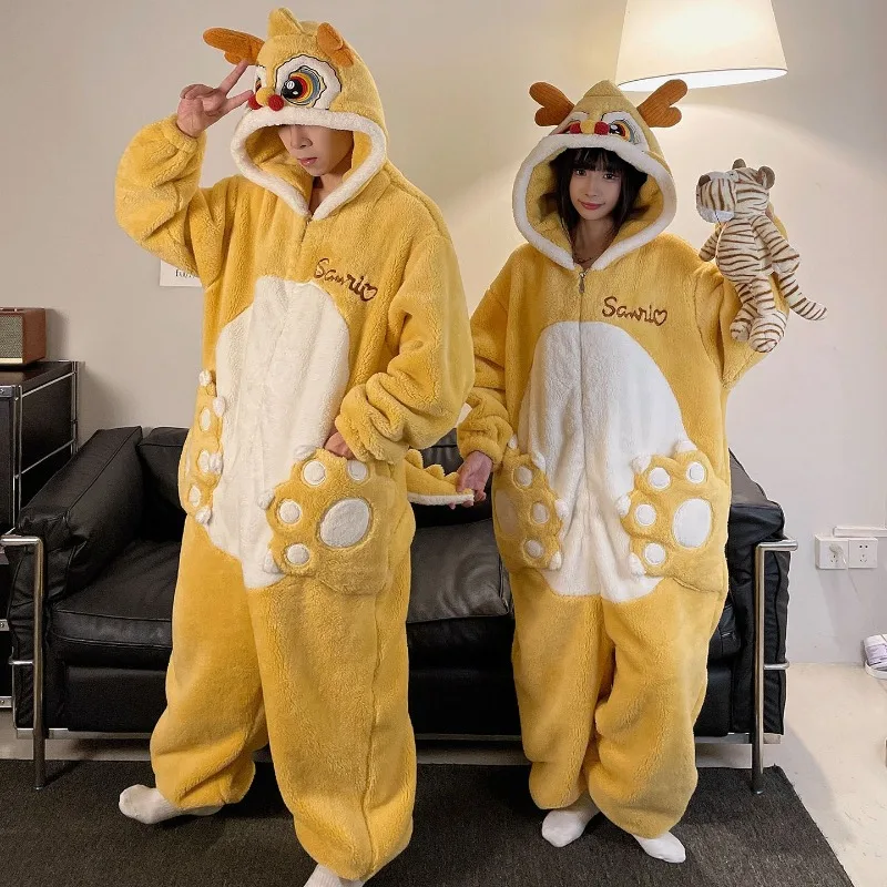 Kigurumi Cartoon Dragon Onesie Pajamas  Adult Men Women Cute Coral Fleece Sleepwear Warm Thick Homewear Jumpsuits Robe Nightgown