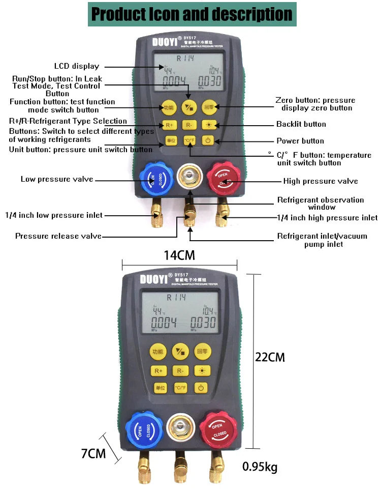 DUOYI DY517 Pressure Gauge Refrigeration Manifold Digital Vacuum HVAC Meter Pressure Temperature Tester R410A Refrigerant Test