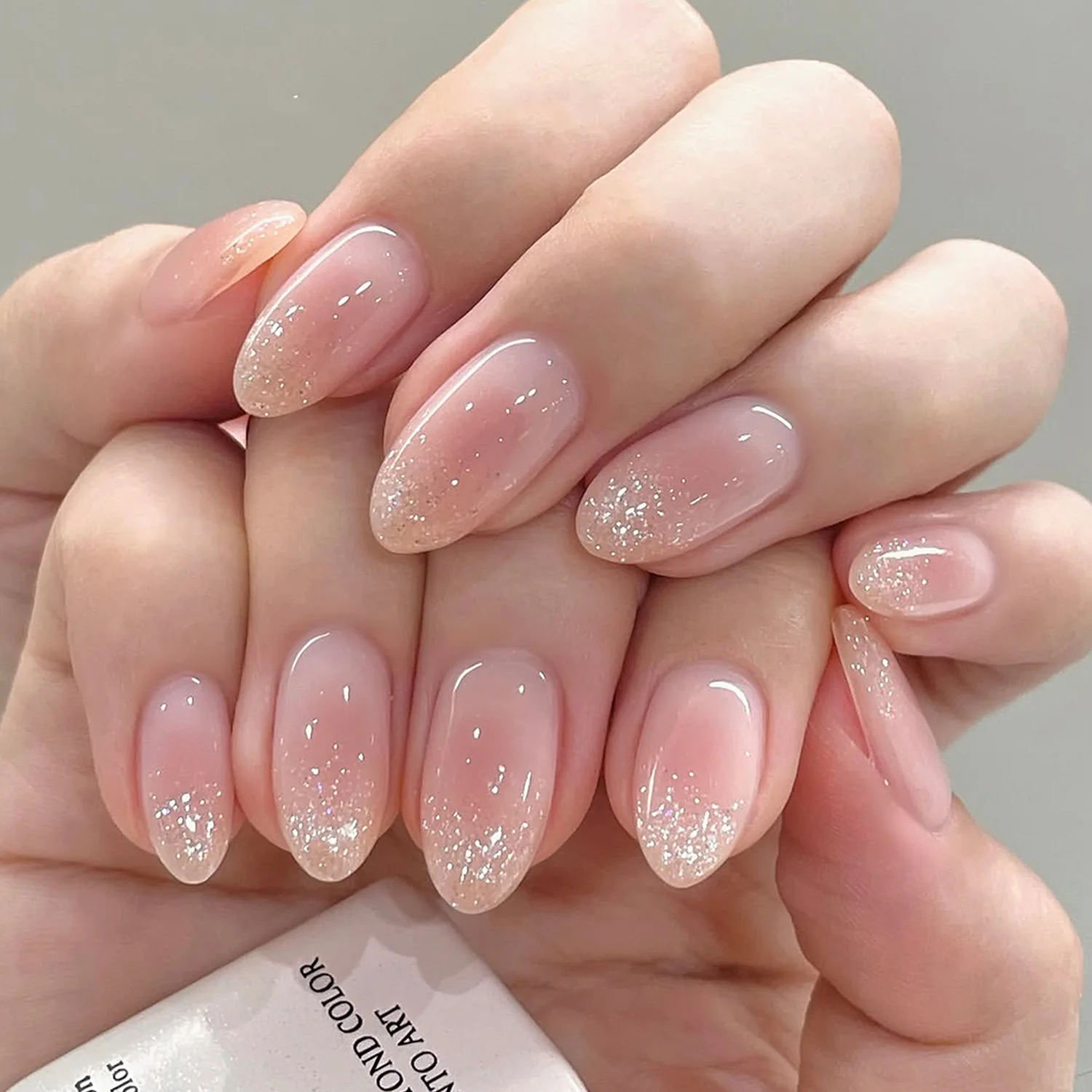 24pcs Nude Pink Glitter Gradient Press on Nails French Tip Glossy False Nail Short Oval Full Coverage Nail Tips for Women&Girl