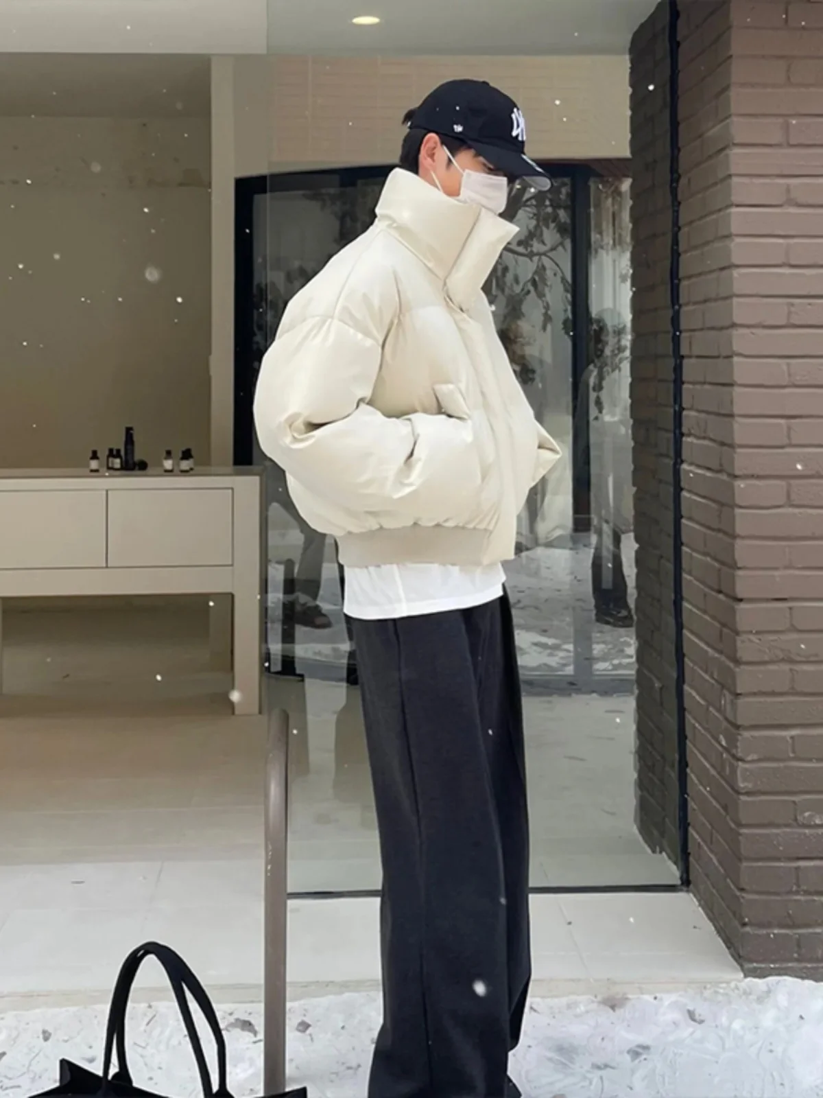 

Cleanfit Thiened PU Leather ort Coat Men's Winter Korean Sle Bread ape Jaet Stand Collar Casual Warmth Insulated