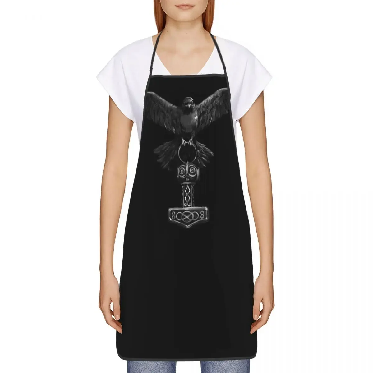 Vikings Odin Raven With Thor Mjolnir Hammer Apron Men Women Norse Odin God Adult Kitchen Chef Bib Tablier Cuisine Cooking Baking