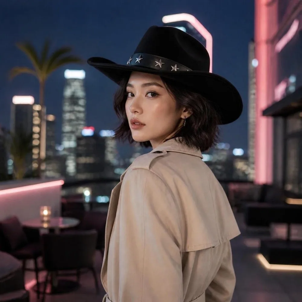 Gift Big Brim Fedora Hat Five-pointed Star Belt Curved Brim Western Top Hat Breathable Vintage Cowboy Cap Couples