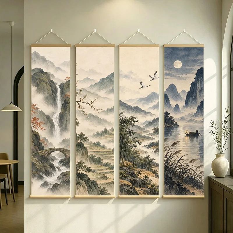 Wall Art Chinese Waterfall Mountains and Stone Bridge, Ink Landscape Pearlescent Canvas Hanging Scroll for Tea Room