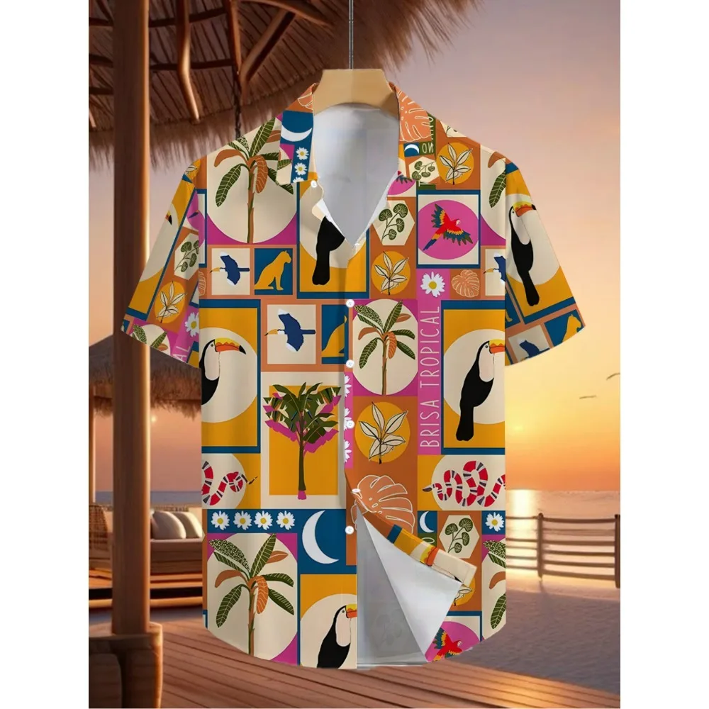 Box Frame Toucan Plumeria Palm Print Mens Short Sleeve Shirt Yellow Base Holiday Blouse