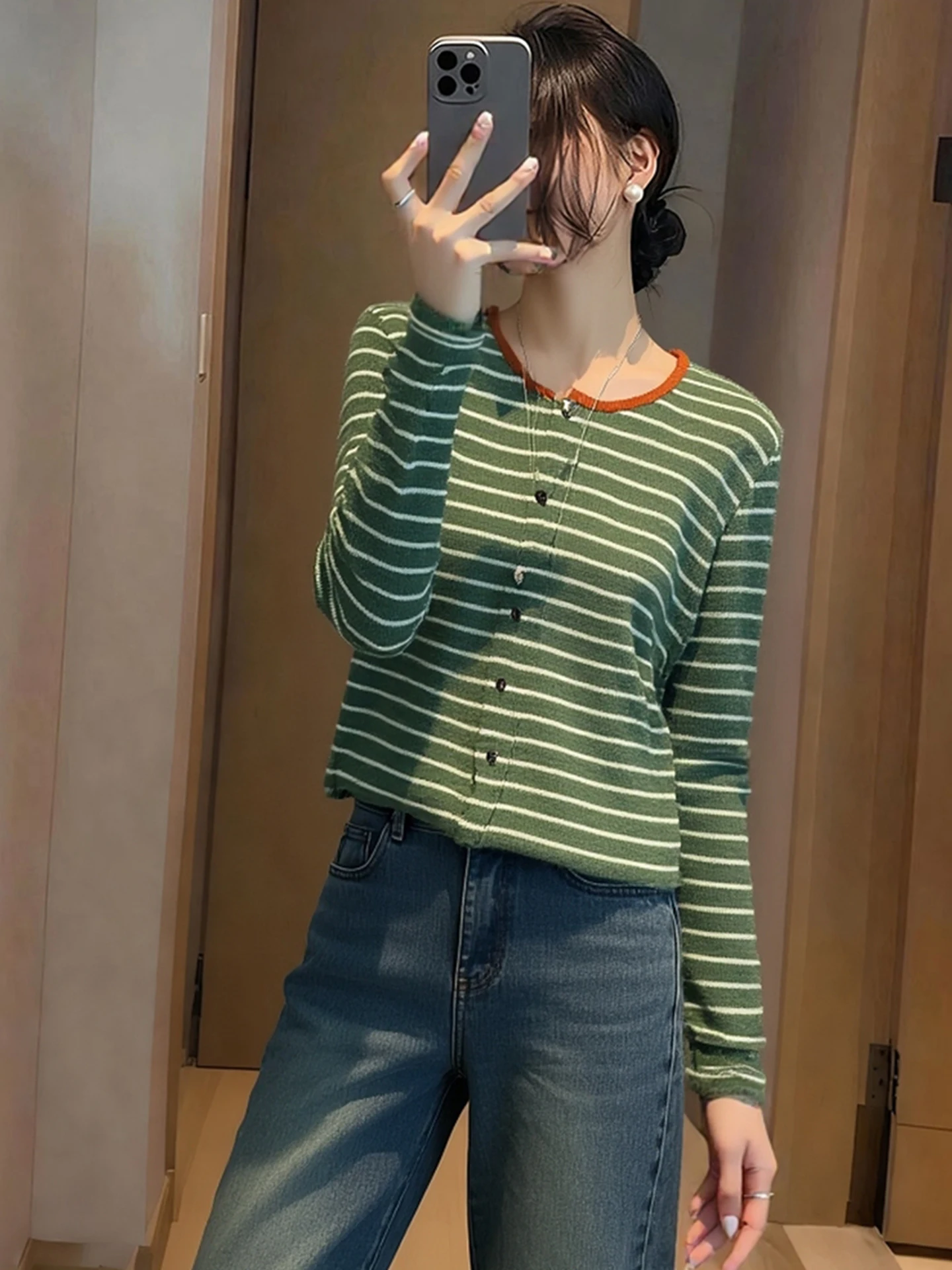 

Striped Knitted Sweater Cardigan Design Sense Single Button Simple Match Long Sve Winter Faion Women's Loose Sle Inner...