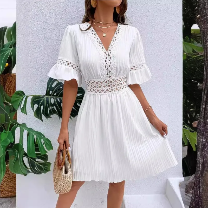 

Elegant Women White Midi Summer Dress Lace Patchwork Hook Flower Hollow Short Sleeve Fashion V-neck Party Dresses For Women New