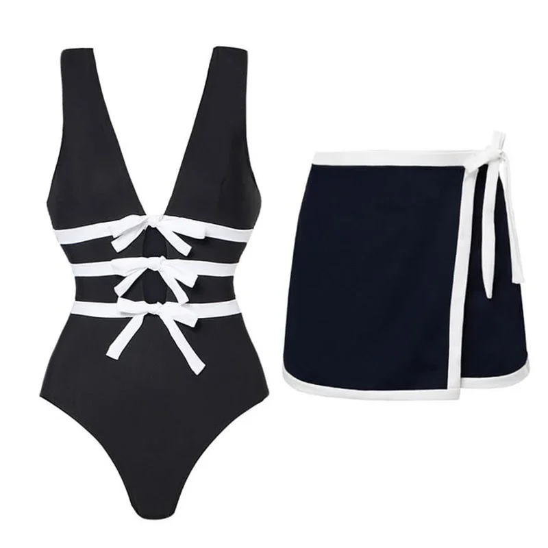 

Новый женский сексуальный полый декор с бантом, черный цельный купальник и юбка, плотный комплект бикини, регулируемый купальный костюм, пляжная одежда