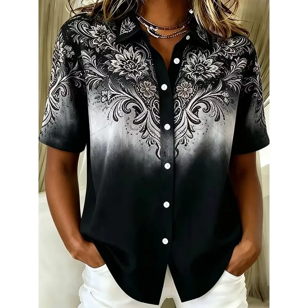 Women Floral Print Ombre Gradient Button Down Shirt Long Sleeve Loose Fit Casual Blouse Spring Fall Daily Top