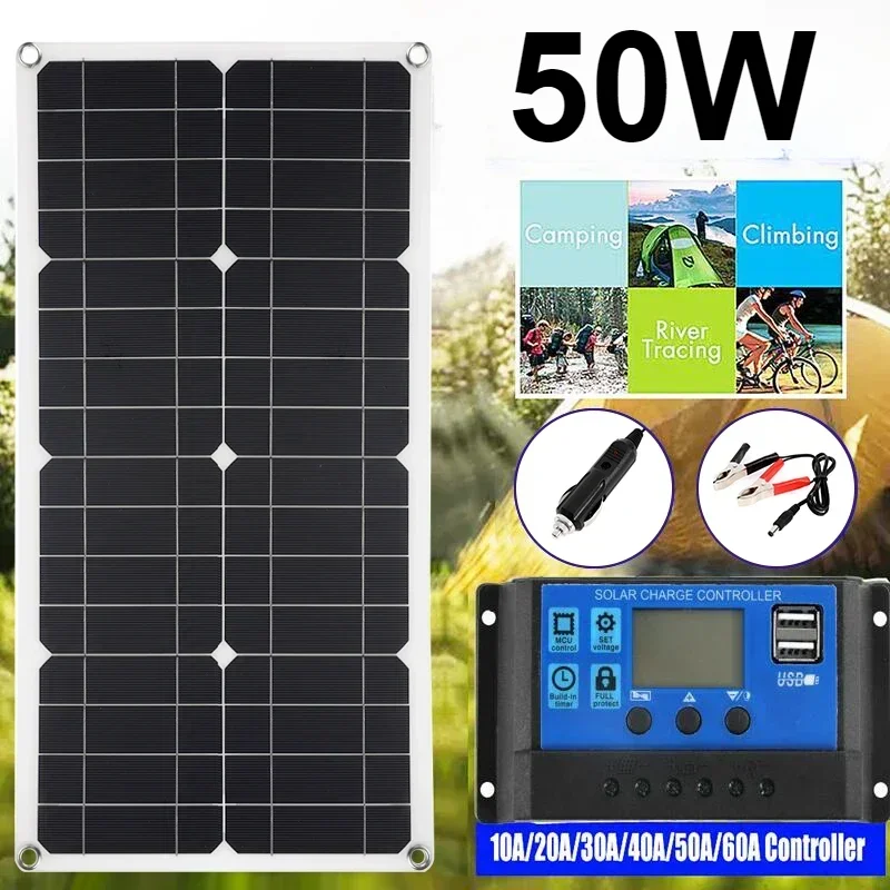 Portable Solar Panel Kit, 50W 18V 5V, Dual USB Charger Port, 30A 60A Solar Charge Controller, Off Grid, Monocrystalline Module