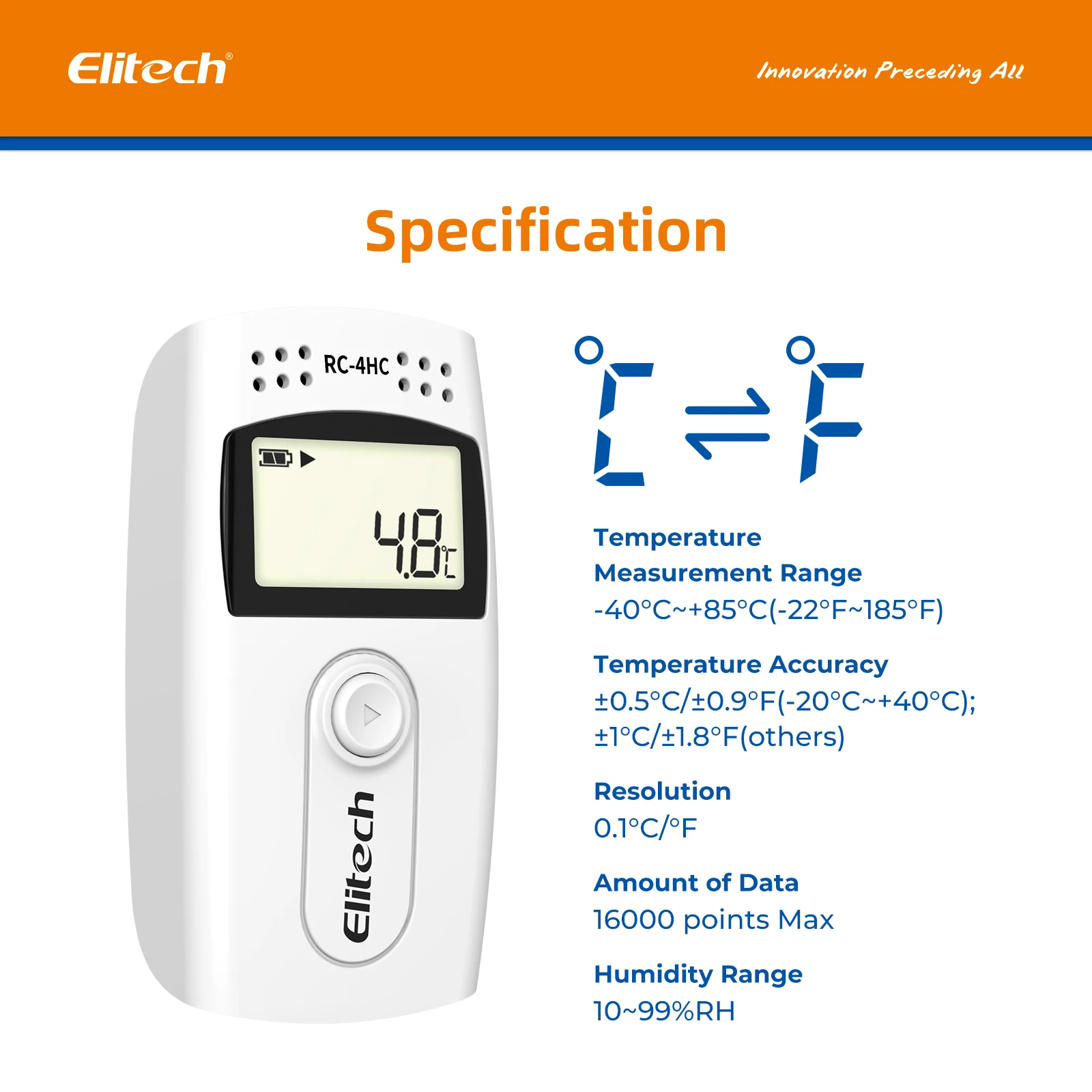 Elitech-registrador de datos de temperatura y humedad, RC-4HC USB, capacidad de registro de 16000 puntos, informe en PDF