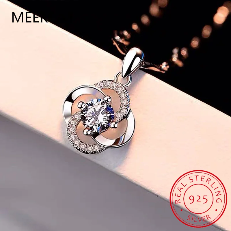 Round Created Alexandrite Sapphire 925 Sterling Silver Lucky Four Leaf Clover Pendant Necklace for Women Purple Gemstone Jewelry
