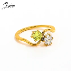 Joolim Jewelry Wholesale High End PVD Waterproof&No Fade Designer Fashion Clear&Green Zirconia Stainless Steel Ring For Women