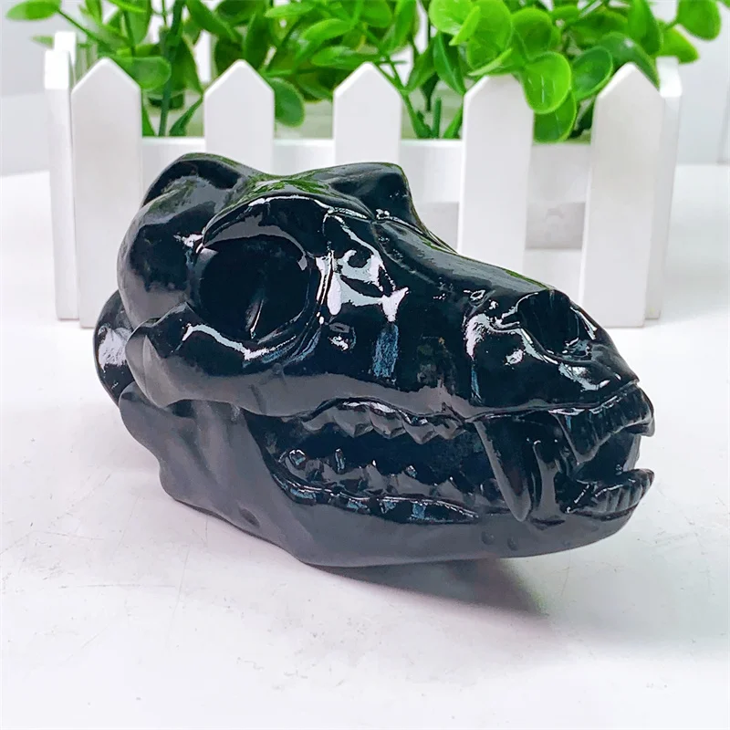 13.5CM Natural Black Obsidian Wolf Hollow Out Skull Hand Carved Animal Figurine Energy Crafts Home Decoration As Gift 1pcs