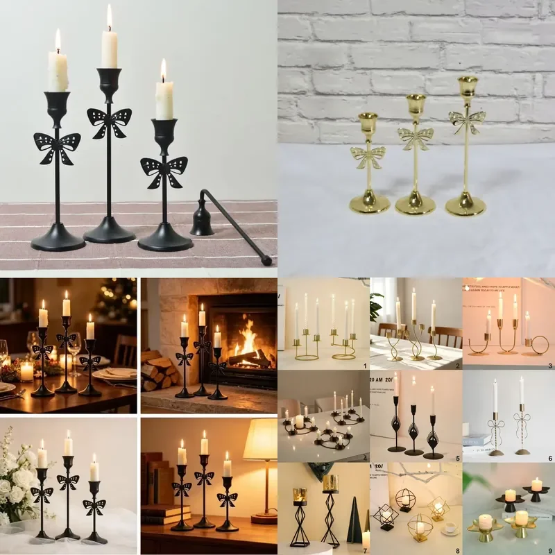 Scandinavian Luxury Bow Candle Holder 3 Piece Set Black Gold Long Candlestick for Wedding Restaurant Home Decoration